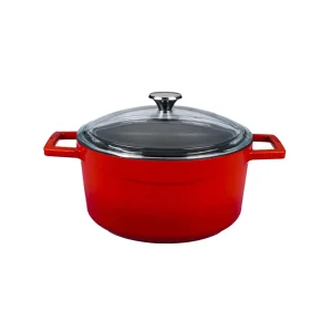 Lava Döküm Yuvarlak Tencere Cam kapaklı. Glaze Çap(Ø)20cm - Kırmızı