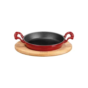 Lava Döküm Yuvarlak Sahan Döküm Demir Yekpare Çift Kulplu Kayın Servis Ahşabı. Çap(Ø)20cm - Kırmızı
